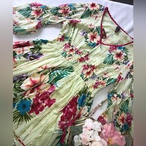 Floral Maxi Dress in Light Green with Pink & Blue Blooms